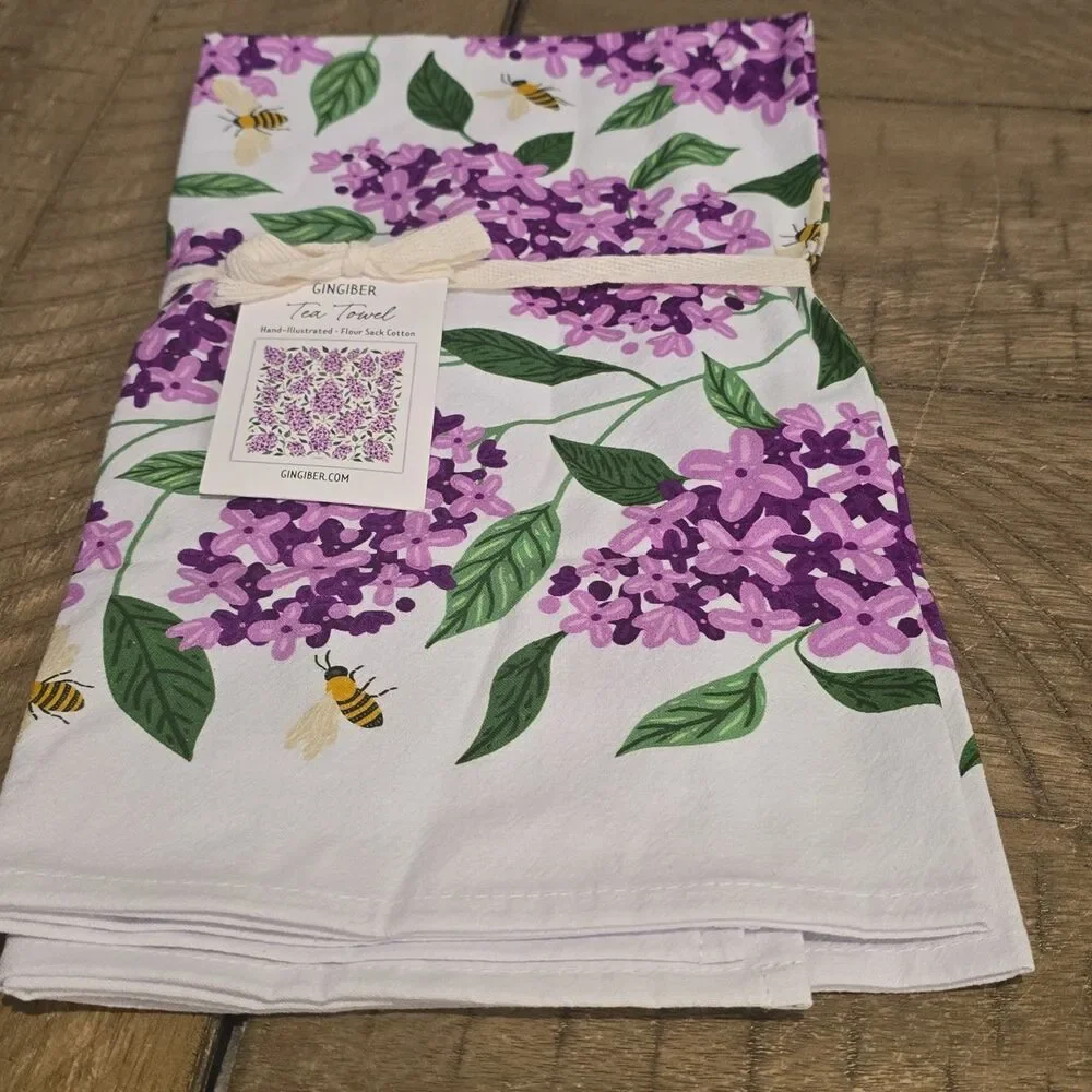Gingiber Tea Towel - Lilac Bee Floral #F599 - Flour Sack Cotton - 27 x 26